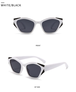 Front and side views of angular cat-eye sunglasses with white frames and black lenses