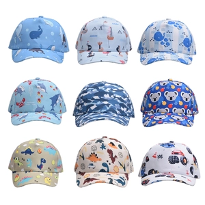 Variety of kids baseball caps featuring dinosaur and animal prints for sun protection