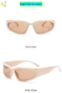 Front and side views of stylish beige oval sunglasses for kids with brown lenses