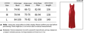 Guide des tailles détaillé pour robe longue satinée moulante en tailles S, M et L