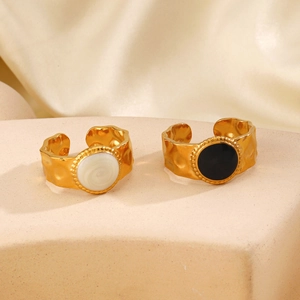 Retro Hammered Round Open Ring 18K Gold Plated Stainless Steel Enamel Geometric Adjustable Finger Jewelry For Women
