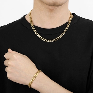 Ensemble collier et bracelet en acier titane doré à maillons cubains pour hommes et femmes