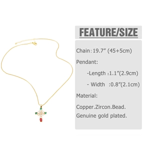 Detailed size chart showing cross pendant dimensions and gold chain length on white background