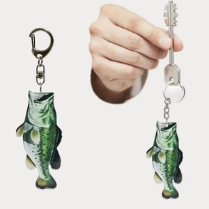 Macro view of a realistic largemouth bass keychain with a durable metal lobster clasp