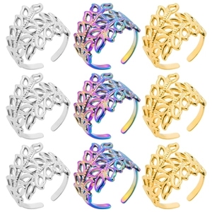 Leaf Shaped Hollow Out Ring Stainless Steel Open Adjustable Retro Bohemian Jewelry For Men Women