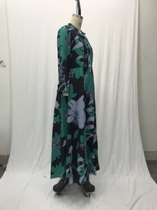 Detail of floral printed maxi dress featuring a lapel collar and button-up front design