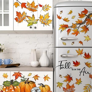 Autumn Thanksgiving stickers with pumpkins and maple leaves for kitchen and window decor