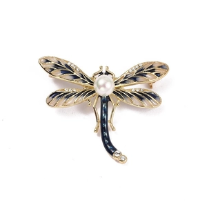 Elegant dragonfly brooch with blue enamel wings, white pearl and sparkling crystals