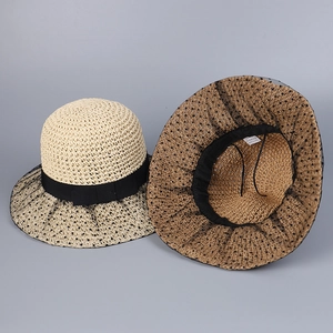 Handcrafted straw sun hat with elegant lace trim and black polka dot mesh brim detail