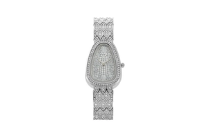 Macro shot of silver snake-head luxury watch fully encrusted with shimmering crystals