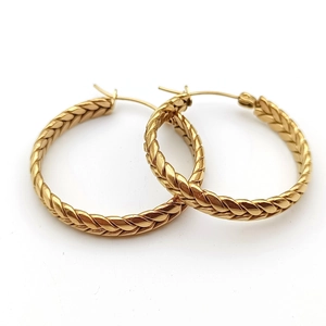 Golden 18K stainless steel hoop earrings with elegant wheat pattern texture