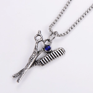 Retro stainless steel barber necklace with scissors, comb pendant and blue crystal stone