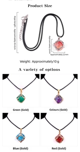 Detailed size specifications for cube crystal pendant necklaces in four vibrant colors