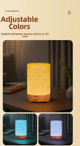 Macro detail of cracks design ultrasonic humidifier with colorful LED and wood grain base