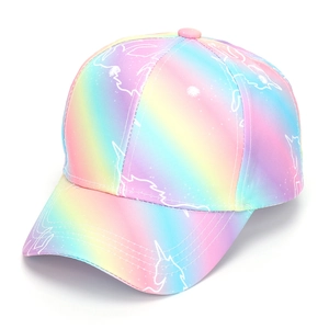 Detailed close-up of rainbow gradient baseball cap featuring white unicorn outline print