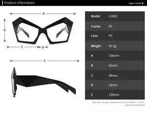 Size chart for cat-eye geometric sunglasses with detailed dimensions and frame specifications
