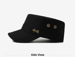 Side view of black cadet cap featuring metallic emblem and breathable ventilation holes