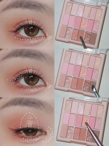 Step-by-step eye makeup tutorial using a 16-color pink and nude palette with brush details
