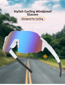 Close-up of white sports cycling sunglasses with a rainbow lens on a road background