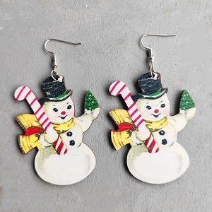 Detailed view of snowman Christmas earrings with black hat and red candy cane detail
