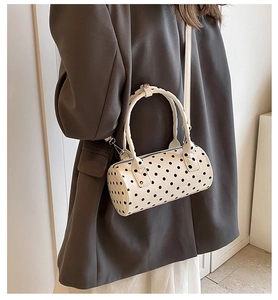 Polka dot cylindrical PU leather shoulder bag with silver hardware and detachable strap