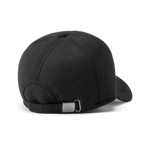 Detail view of the black baseball cap back with metal buckle and engraved logo plate