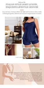 Detail of dark blue silk satin camisole and shorts with elegant metallic luster finish