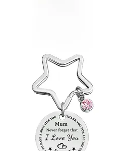 Close-up of silver stainless steel key ring with pink rhinestone and engraved heart pendant