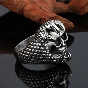 Punk rocker skull and eagle claw stainless steel ring for men with scales and retro finish