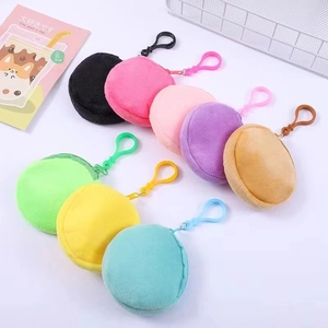 Mini Round Plush Coin Purse Keychain Pendant Storage Pouch Soft Zipper Bag With Plastic Hook Macaron Color For Earphones Small Items