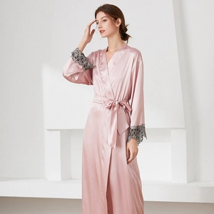 Elegant long silk satin bathrobe for women with lace sleeves in dusty rose pink color