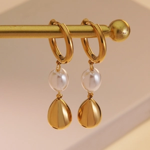 Stainless Steel Hoop Earrings With Faux Artificial Pearl And Water Drop Pendant Gold Plated Chic Fashion Jewelry For Women