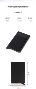 Detailed view of black RFID metal card holder with dimensions 9cm height and 6.5cm length