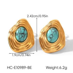 Detail view of irregular gold earrings with turquoise stones and dimension markings