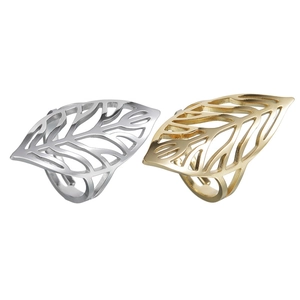 Minimalist open rings with hollow leaf design in gold and silver stainless steel finish
