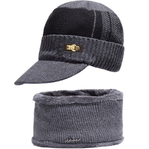 Men Winter Knit Beanie Hat Neck Warmer Faux Fur Lined Warm Outdoor Windproof Ear Protection Brimmed Patchwork