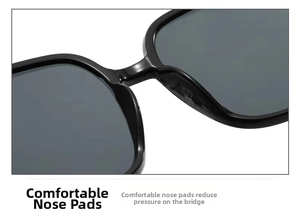 Detail of comfortable integrated nose pads on black square oversized sunglasses