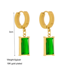 Titanium steel emerald green square earrings with 18K gold plating and 3cm drop length