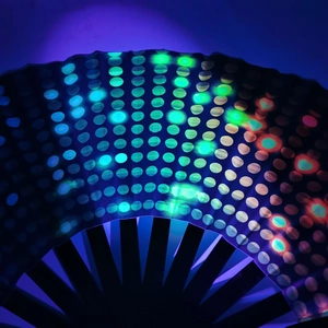 Detail of 10 inch folding fan featuring holographic reflective polka dots on fabric