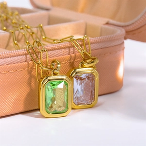 18K gold plated paperclip chain necklaces with emerald and clear cut zircon pendants