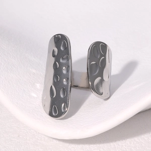 Minimalist silver stainless steel open ring with unique double vertical hammer texture