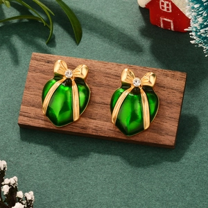 Vintage green enamel Christmas gift box heart studs with gold bow and crystal detail