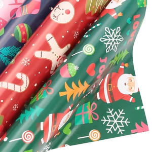 Cartoon Christmas wrapping paper rolls with Santa Claus and festive holiday patterns
