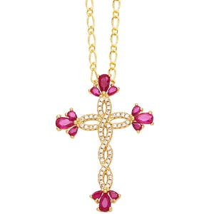 Golden cross necklace with colorful zircon pendant on Figaro chain for women