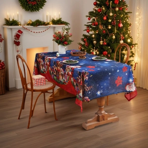 Christmas tablecloth with teddy bear and Santa Claus print in a festive dining room scene