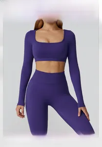 Détails de l'ensemble de yoga sans couture avec haut à manches longues et legging taille haute