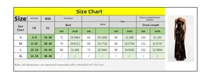 Size chart for black floral maxi evening gown with US/EU size and measurement details