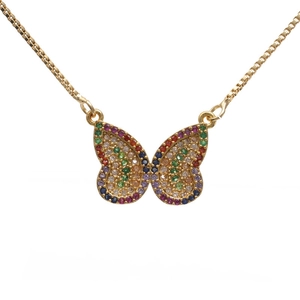 Micro-paved colorful zircon butterfly pendant necklace in gold-finished box chain