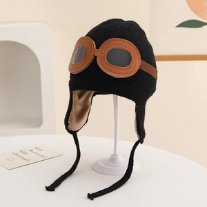 Schwarze Strick-Fliegermütze für Kinder mit Brille und warmem Fleece-Innenfutter