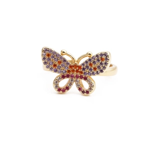 Adjustable butterfly open ring in gold finish with purple and red gradient crystals